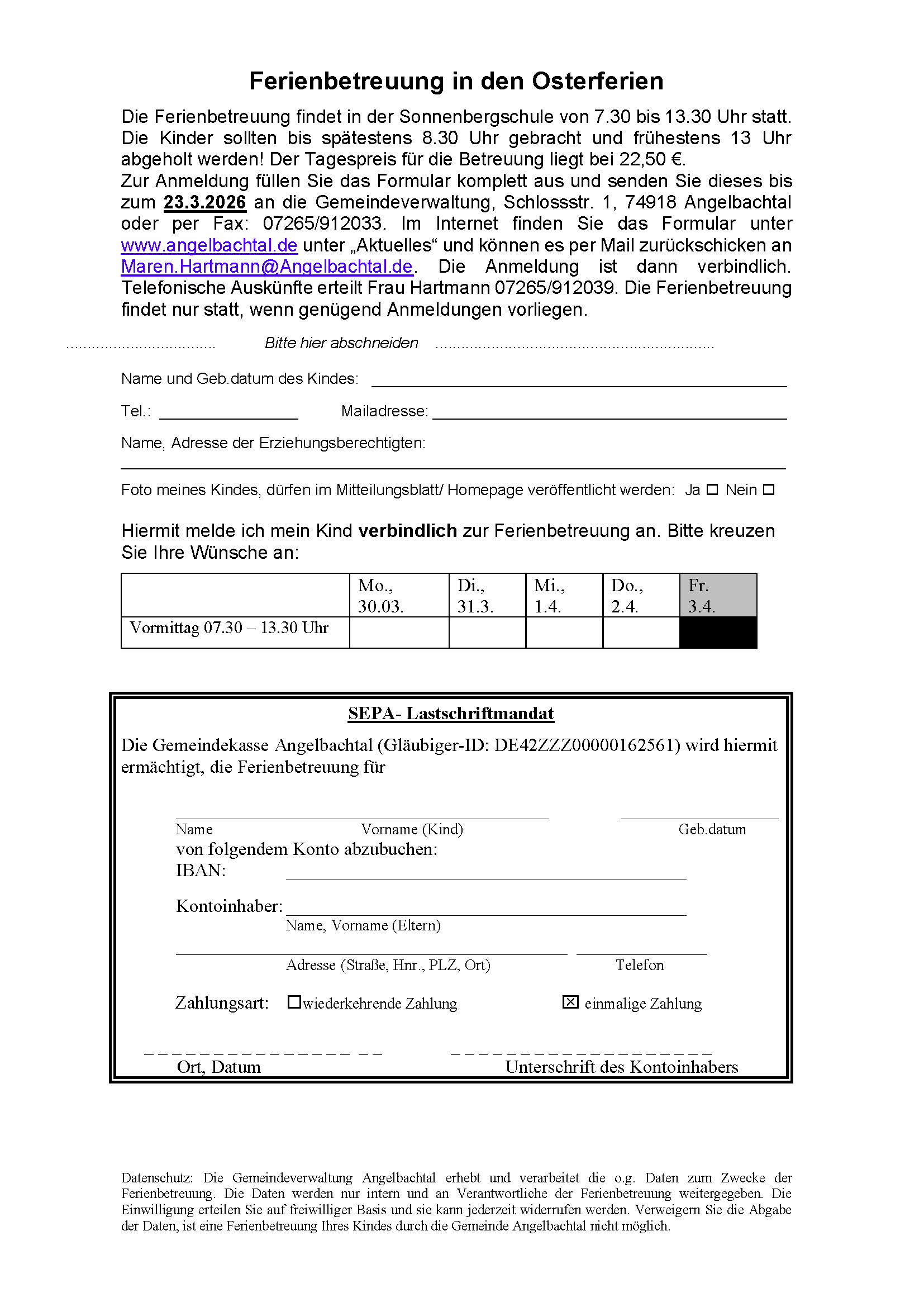 Ferienbetreuung Ostern Anmeldeformular