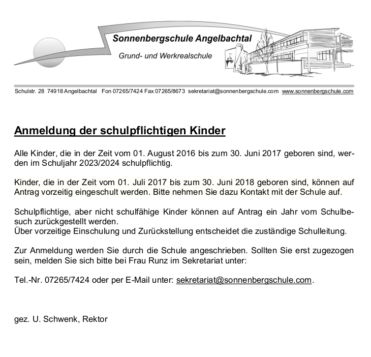 Aushang Anmeldeschreiben Schulanfänger 2023 3